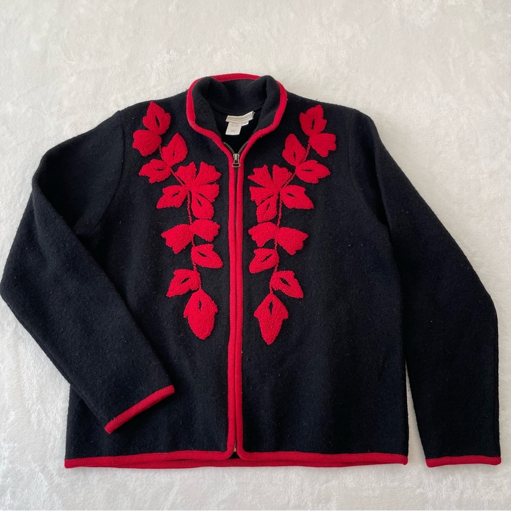 Coldwater Creek Wool Jacket Black Red Floral Zip Boho Heavy Warm Sz S *SEE PICS*